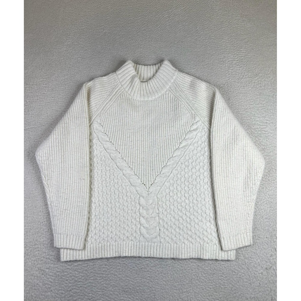 Passenger Sweater Womens Medium White Cable Knit Mock Neck Raglan Pullover‎